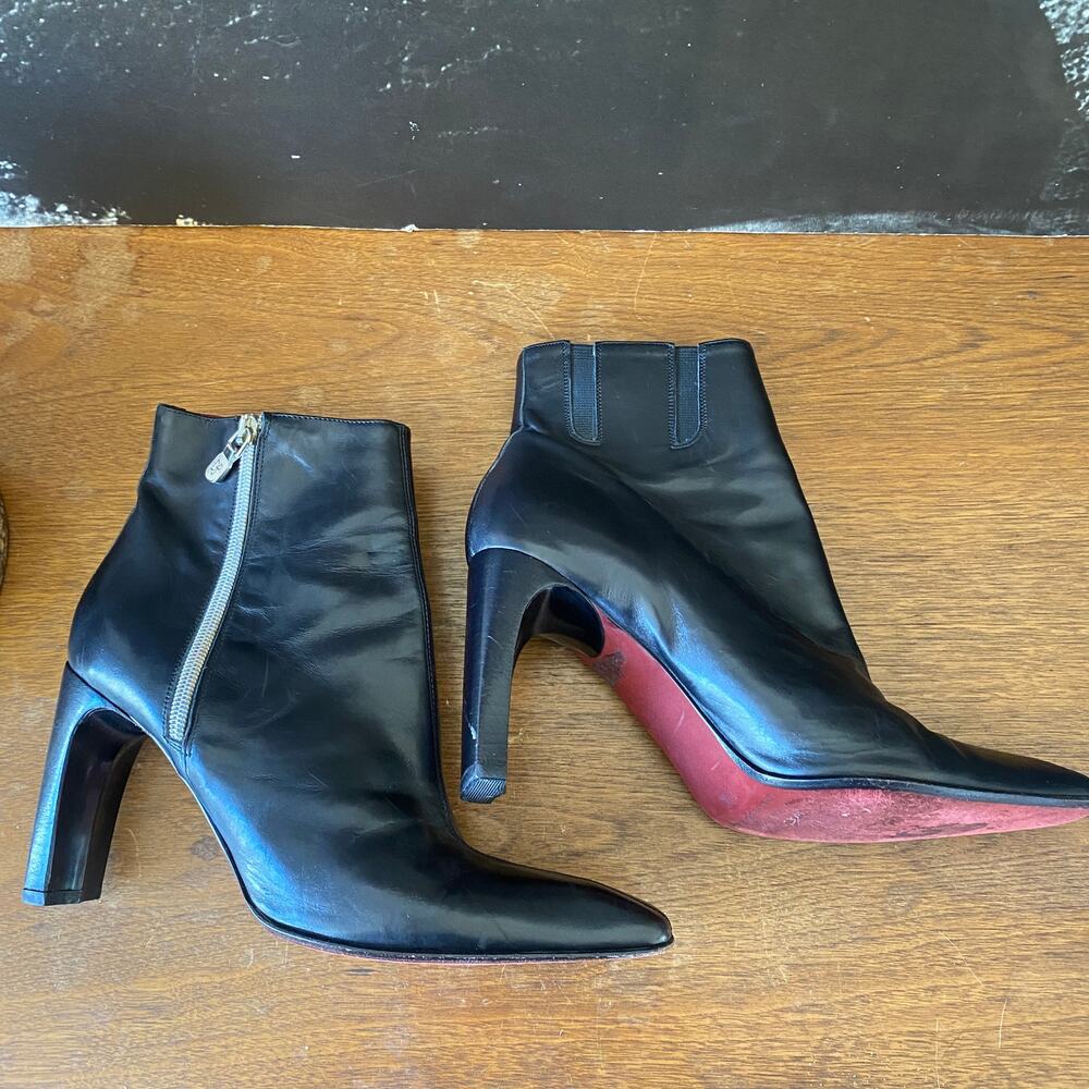 Donald Pliner 8.5M Red Bottom Stiletto Zipper Boots Black Red Leather Square Toe - Picture 3 of 11
